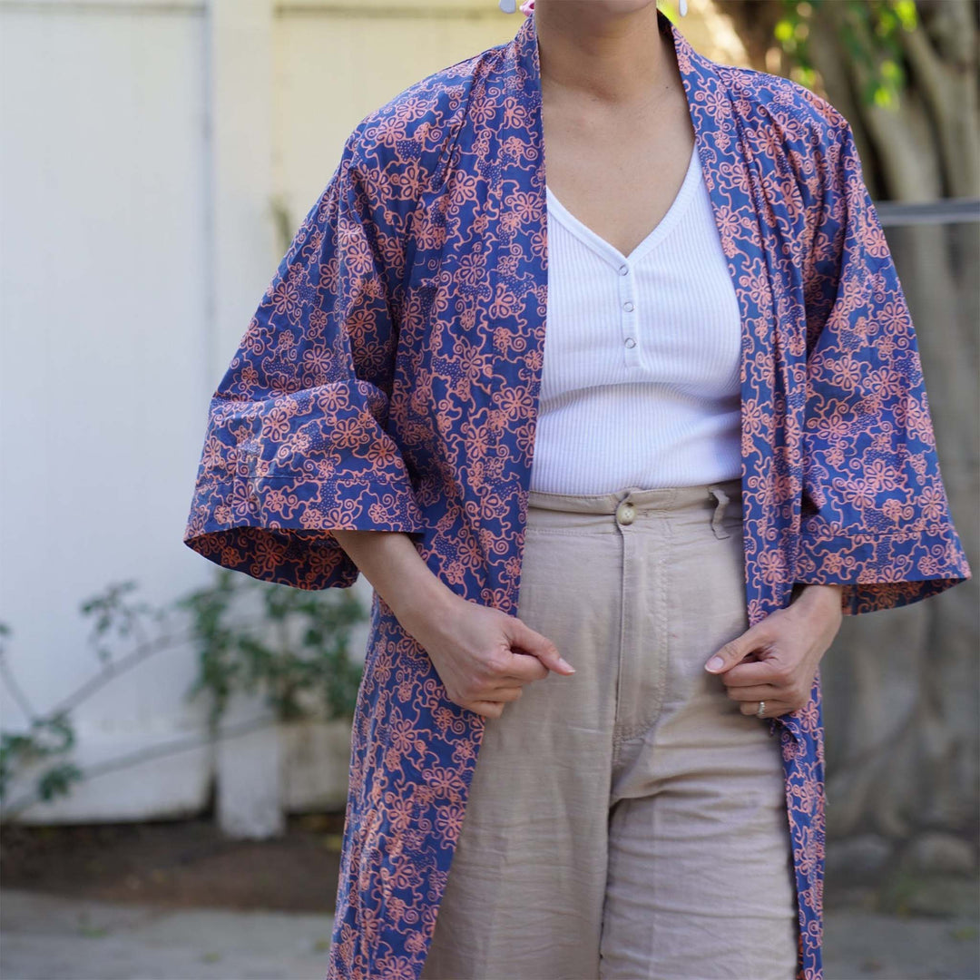 Handmade Batik Robe Kimono, Pink Blue Mangosteen, Lightweight Cotton Ladies