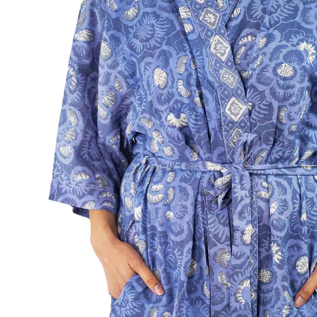 Hand Dyed Batik Robe/ Kimono, Cotton Soft, Blue Roses, Floral, House Duster