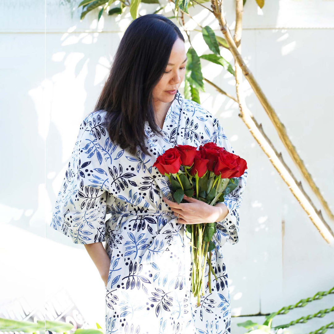 Hand Dyed Batik Robe Kimono, 100% Cotton, White Blue, Floral, Leaf Tamarind