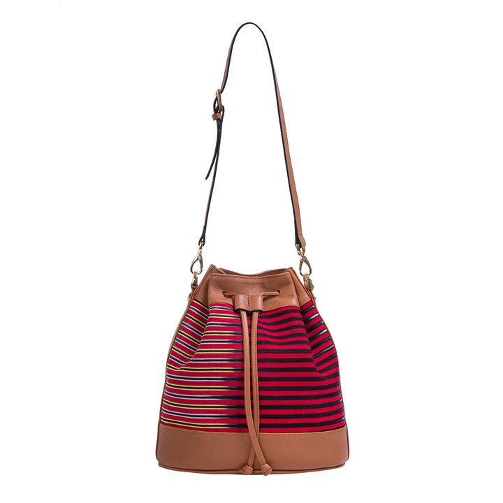 Brown Leather & Striped Fabric Pattern Convertible Bag