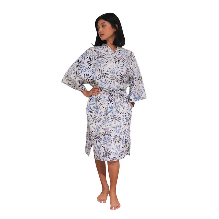 Hand Dyed Batik Robe Kimono, 100% Cotton, White Blue, Floral, Leaf Tamarind