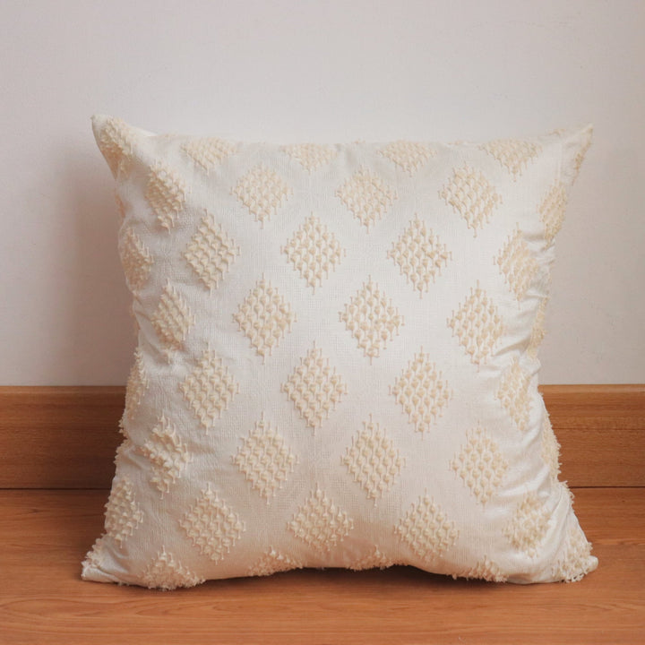 Pillow / Cushion Cover, Handwoven Ikat in Silk & Cotton, Natural Cream, Neutral, White