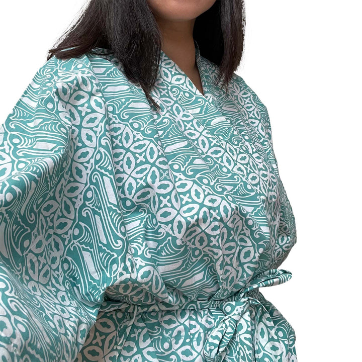 Hand Dyed Batik Robe Kimono, 100% Cotton, Green Royalty