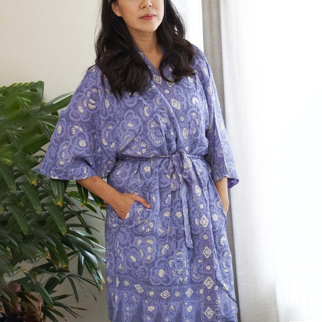 Hand Dyed Batik Robe/ Kimono, Cotton Soft, Blue Roses, Floral, House Duster