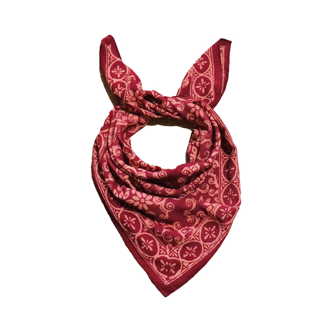 Large 27" Hand Dyed Batik Bandana, Red Loop Pattern, Burgundy, Size Big, XL Scarf