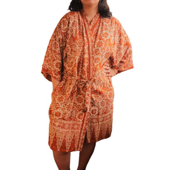 Handmade Batik Robe Kimono, 100% Cotton Soft Lightweight, Orange, Fall, Autumn, Yellow, Sunflowers