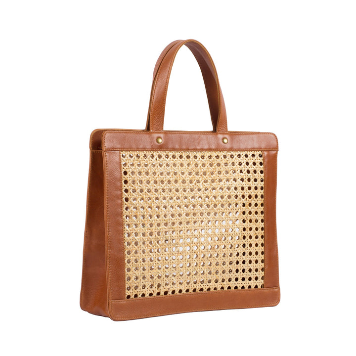 Classic Rattan and Leather Shoulder Tote