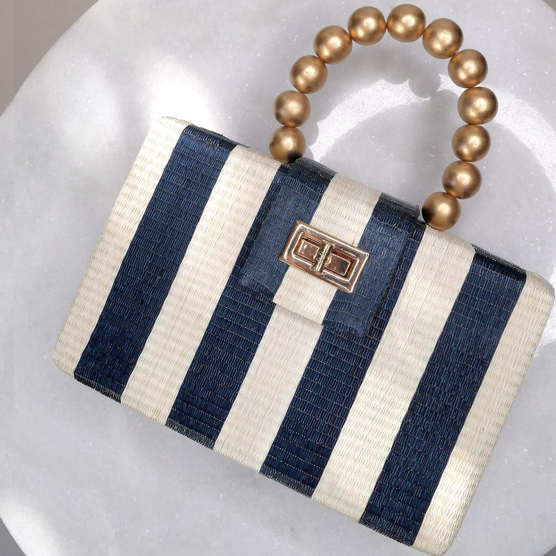 THE LOUISA Blue & Cream Stripe Woven Straw Clutch Bag