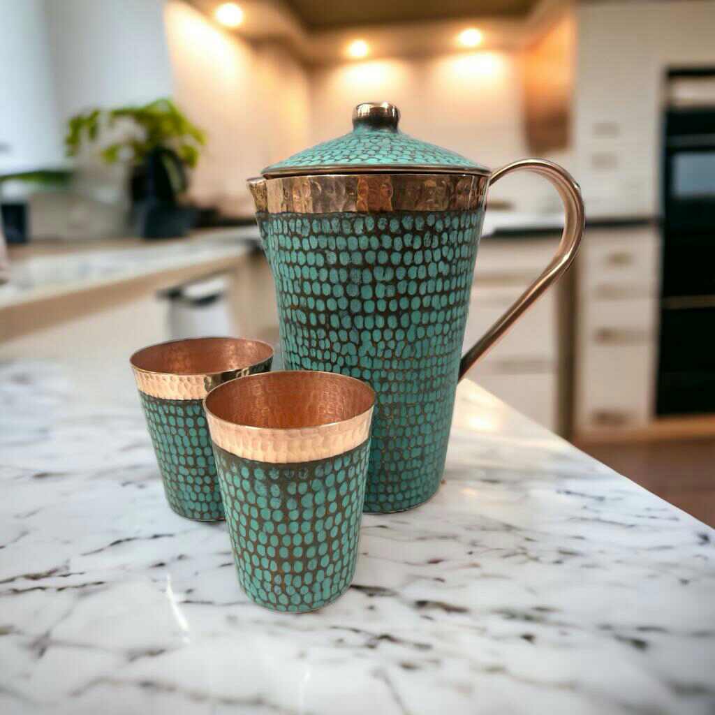 Set of One Copper Pitcher with Top and Two Tumblers, Hammered and Turquoise Patina