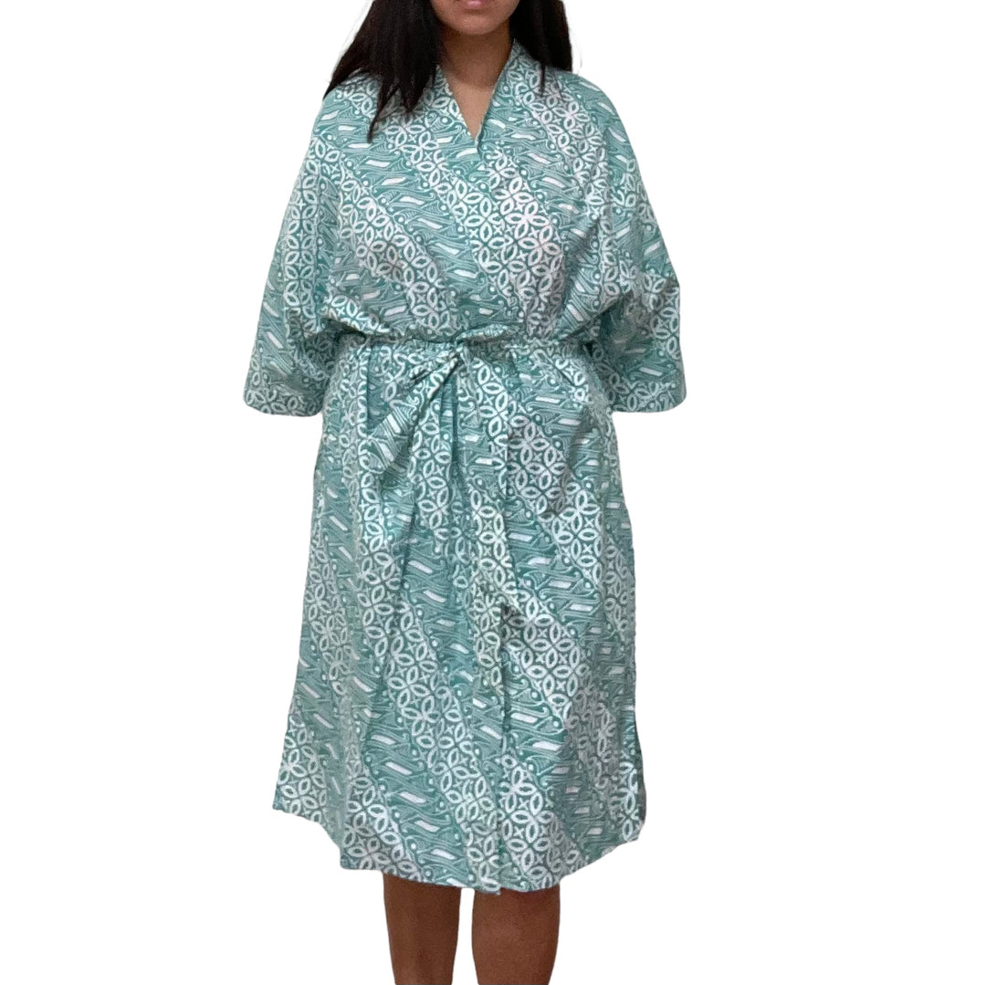 Hand Dyed Batik Robe Kimono, 100% Cotton, Green Royalty