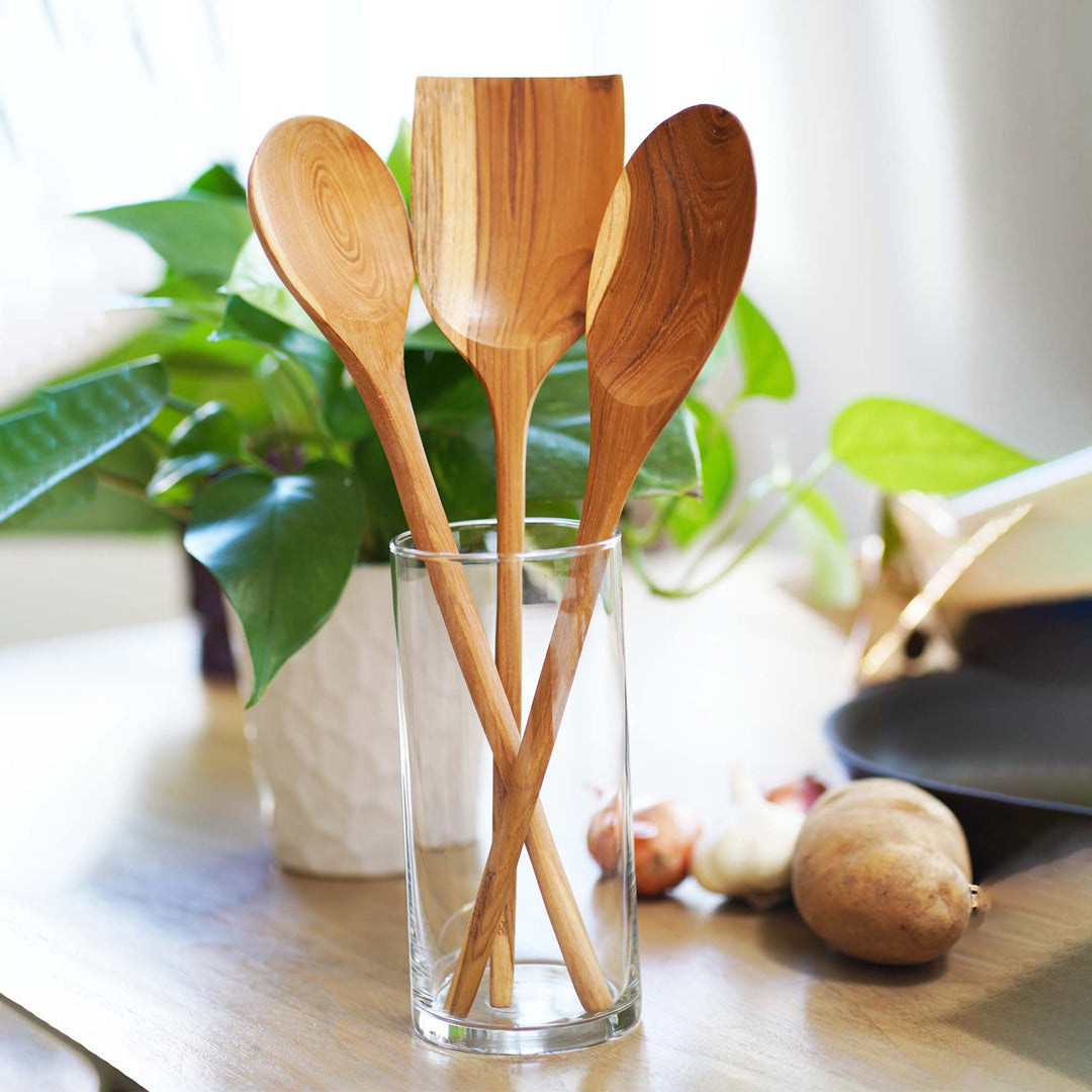 Set of 3 Cooking Kitchen Utensils Teak Wood 14inches ( two spoons and one spatula)