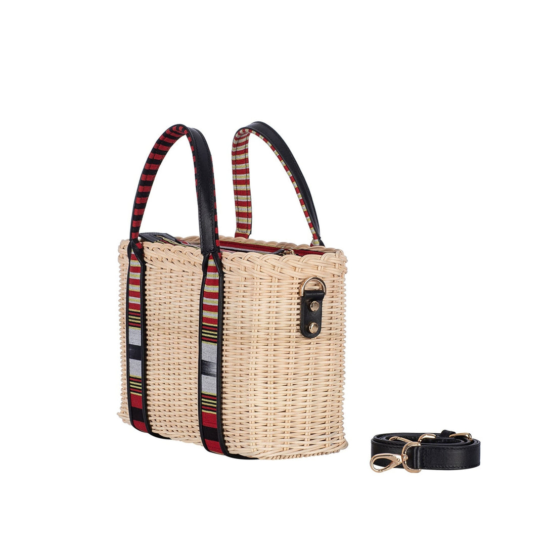 Woven Straw Handbag with Black Leather Trimmed Handles