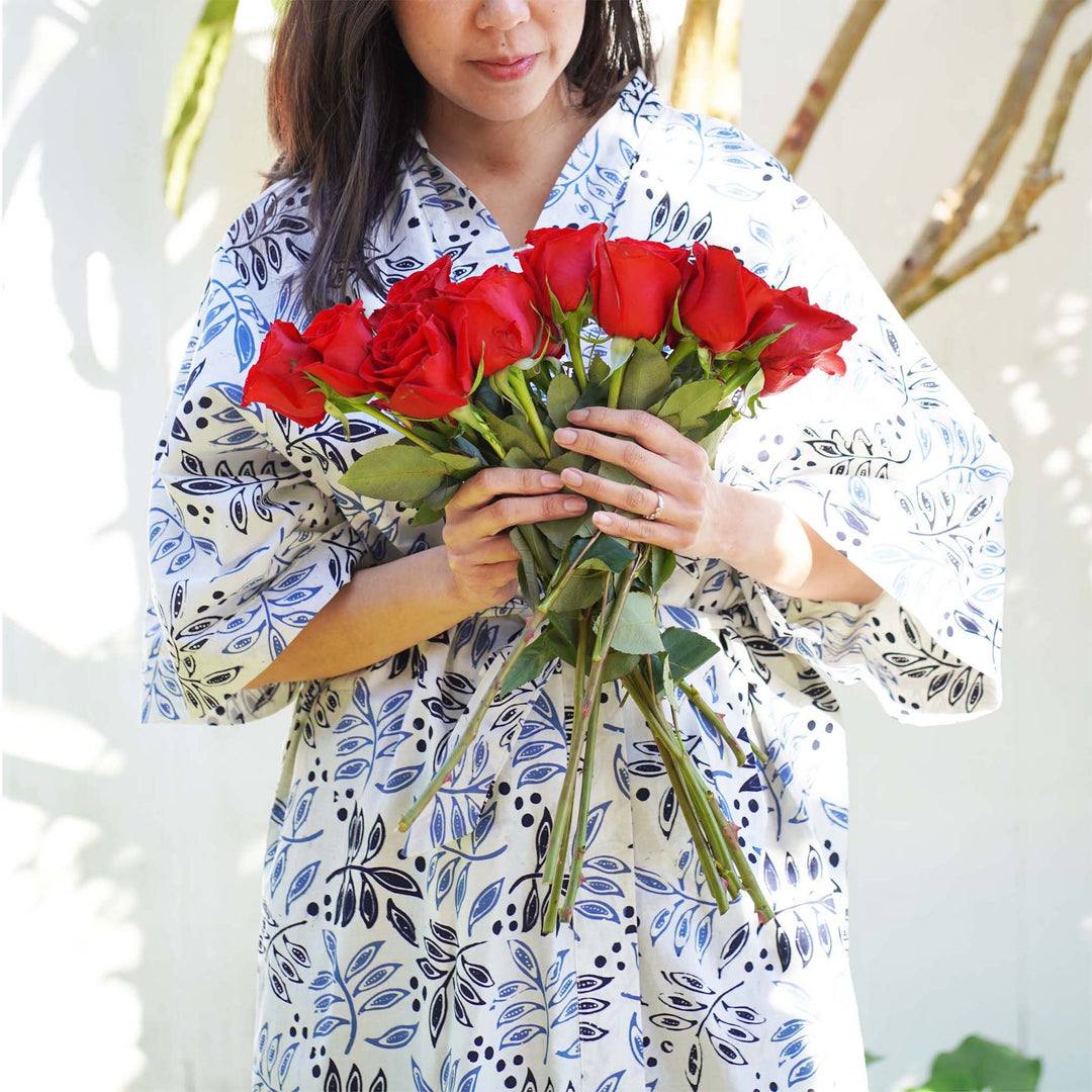 Hand Dyed Batik Robe Kimono, 100% Cotton, White Blue, Floral, Leaf Tamarind