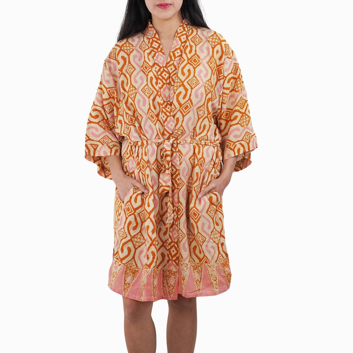 Hand Dyed Batik Robe Kimono, 100% Cotton Soft, Orange Pink Sunset Mosaic