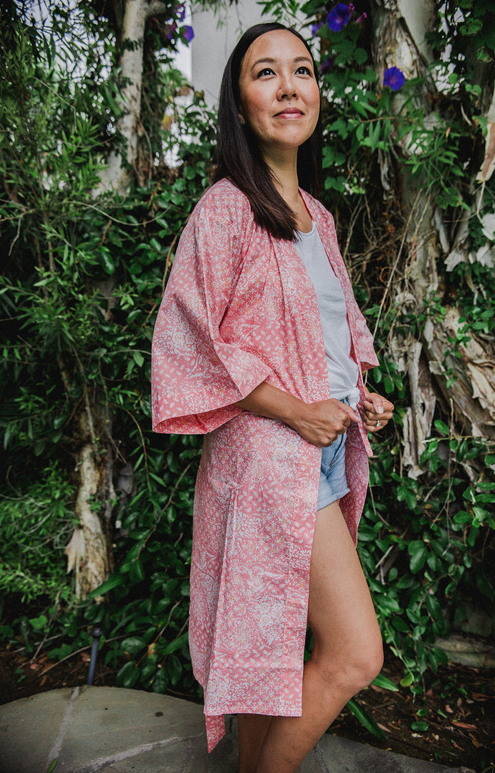 Hand Dyed Batik Robe Kimono, 100% Cotton Pink Wildflower