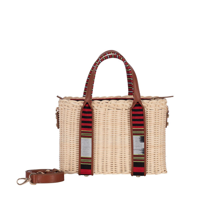 Woven Straw Handbag with Brown Leather Trimmed Handles