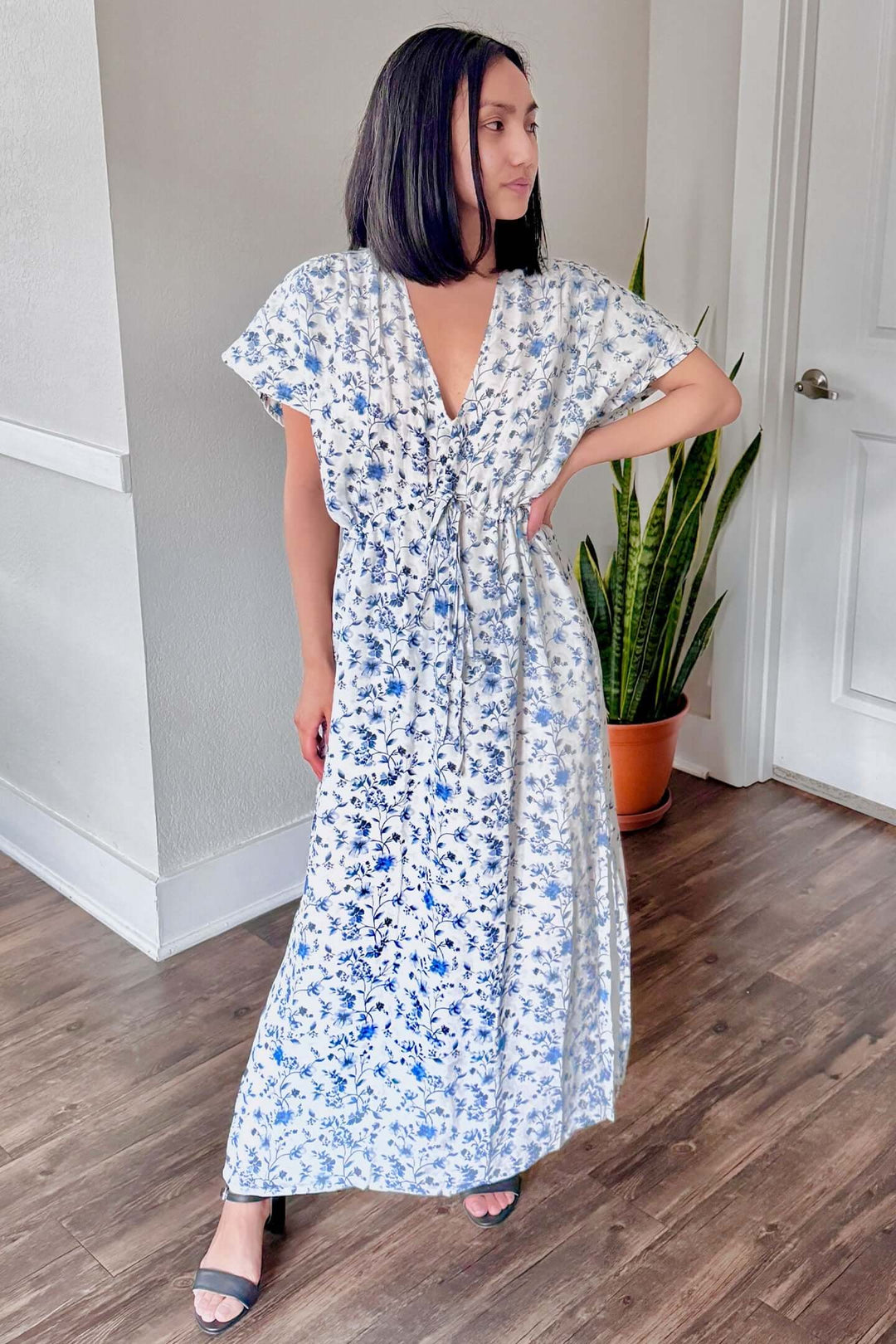 Gathered Maxi Dress in Blue Florals