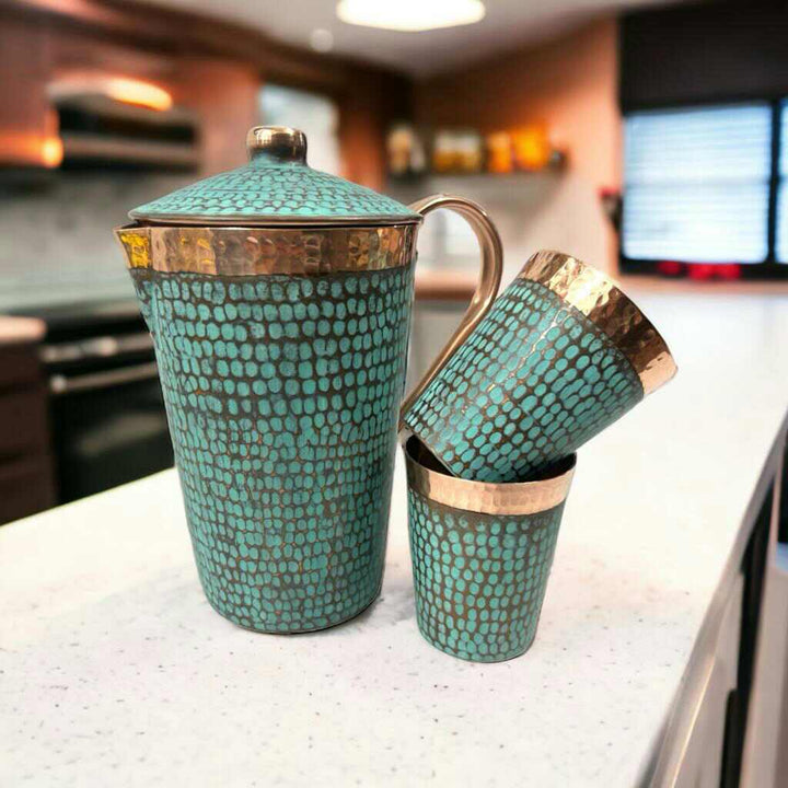 Set of One Copper Pitcher with Top and Two Tumblers, Hammered and Turquoise Patina