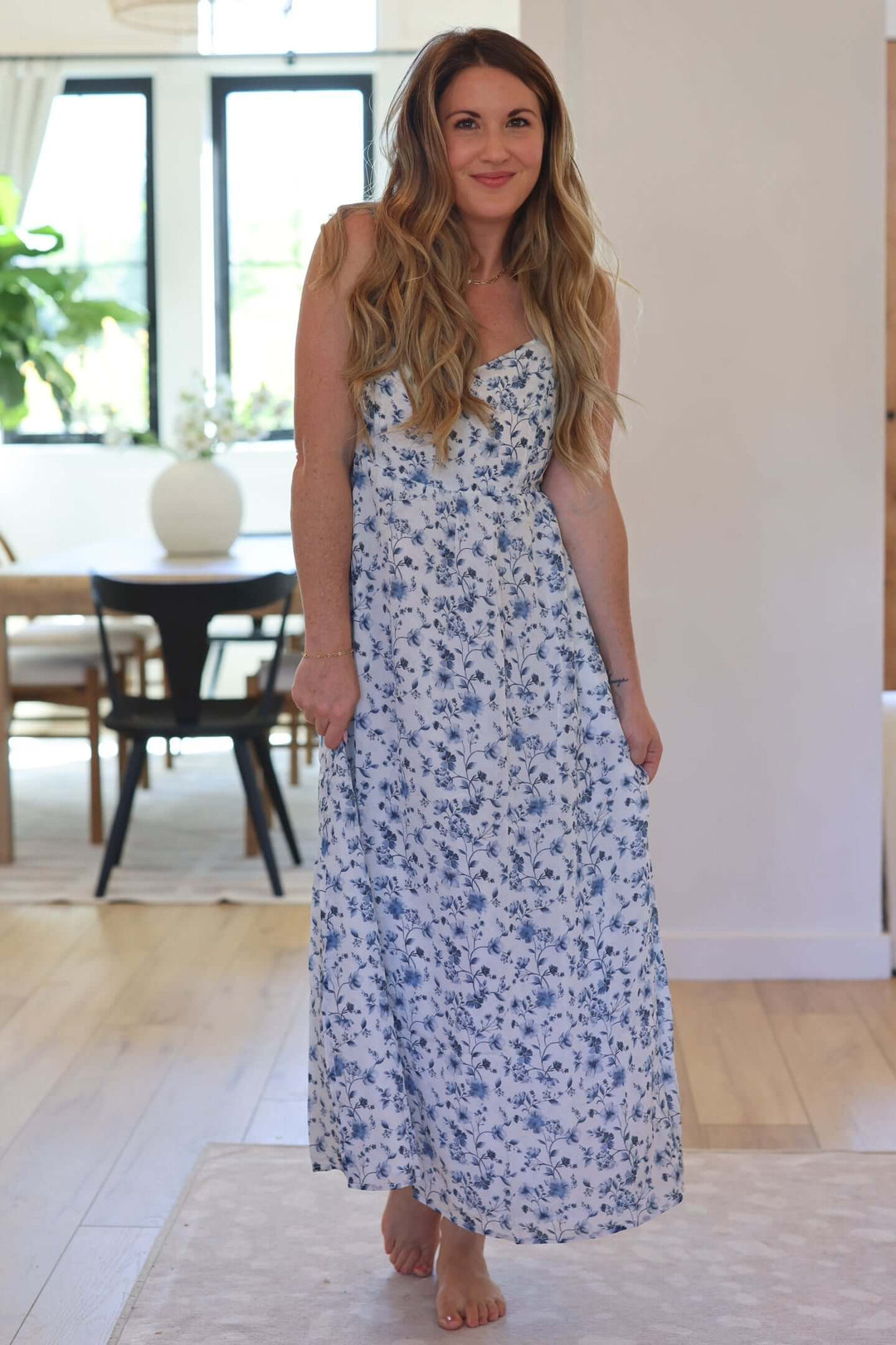 Strappy Gathered Blue Floral Midi Dress