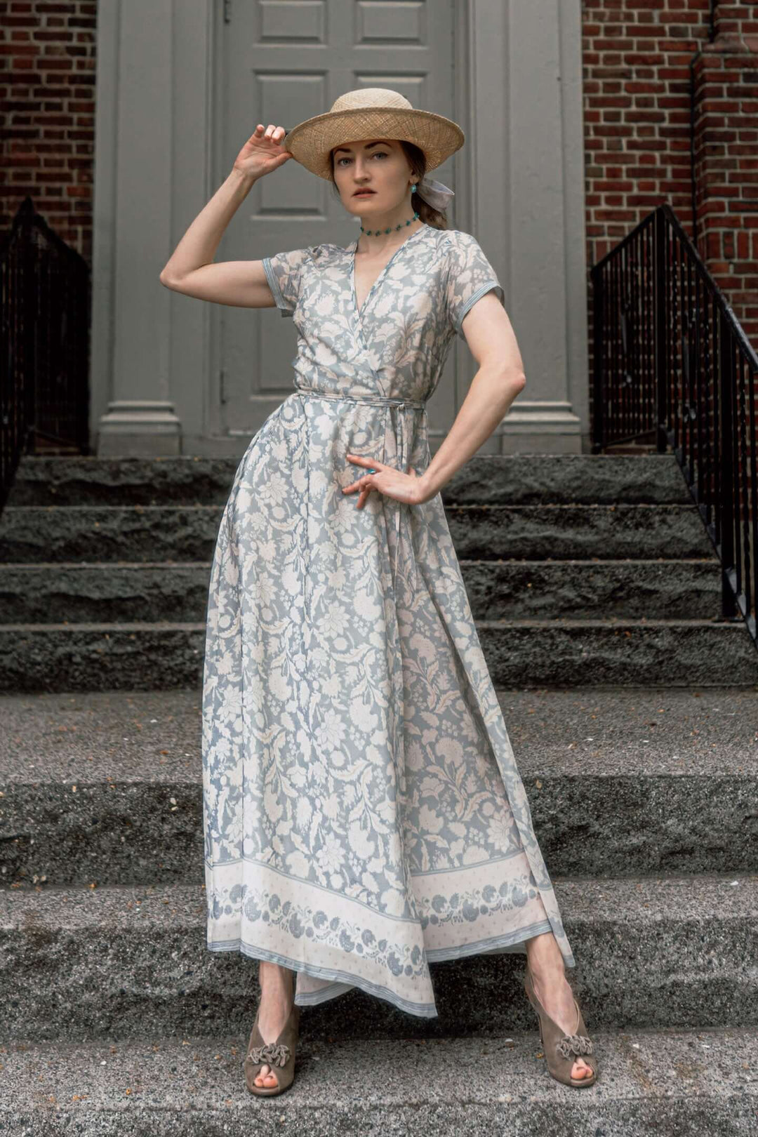 Maxi Wrap Dress in Blue Florals