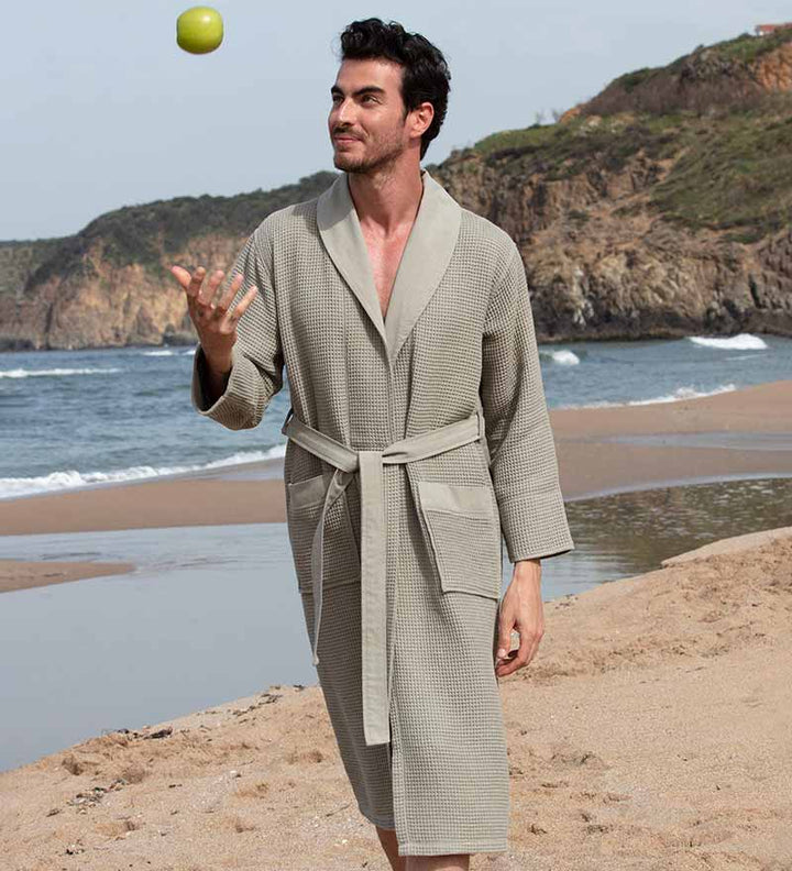 Men's Full Length Lightweight Waffle Spa Robe with Shawl Collar