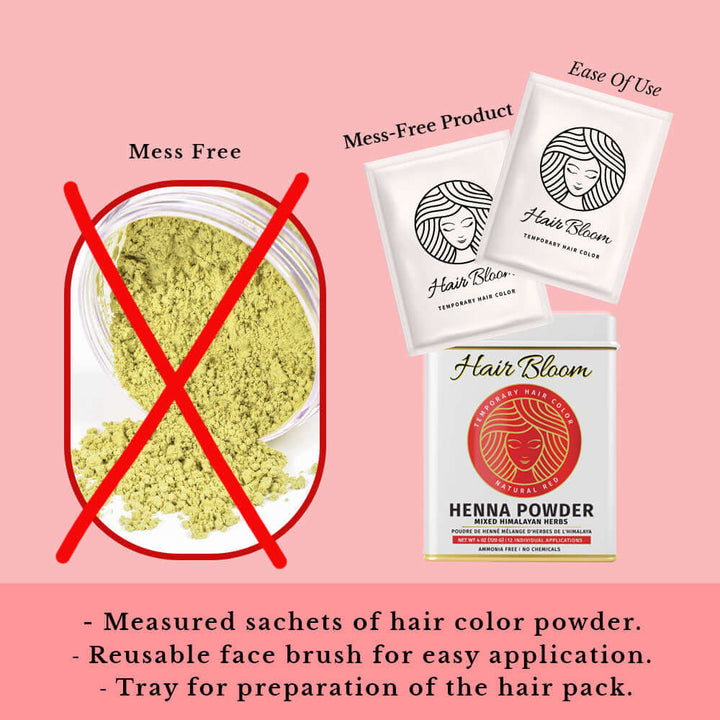 Hair Bloom Natural Red Hair Color- Henna w/ Mixed Himalayan Herbs Hair Color Powder- 12 Individual Sachets (10 gm each)- Reusable Brush & Tray Included