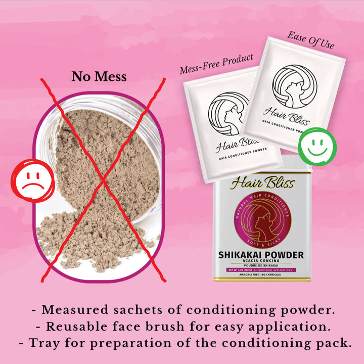 Hair Bliss- Natural Shikakai Acacia Herbal Hair & Skin Conditioning Powder- 12 Individual Sachets (10 gm each)- Reusable Brush & Tray Included