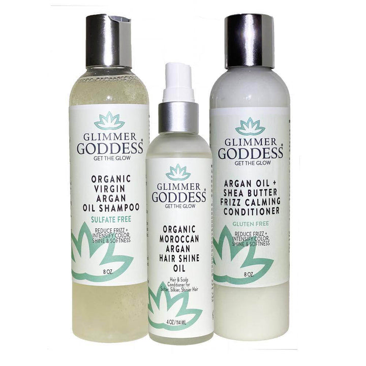 Organic Argan Oil Hair Treatment Trio, Hydrating Shampoo, Deep Conditioner, and Hair Shine Spray