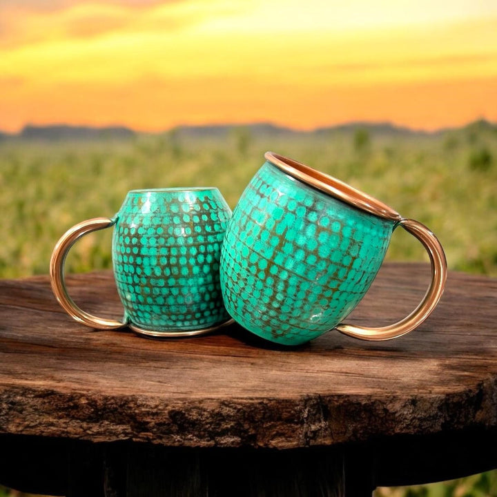 Set of Two Copper Barrel Mugs, Hammered and Mint Patina