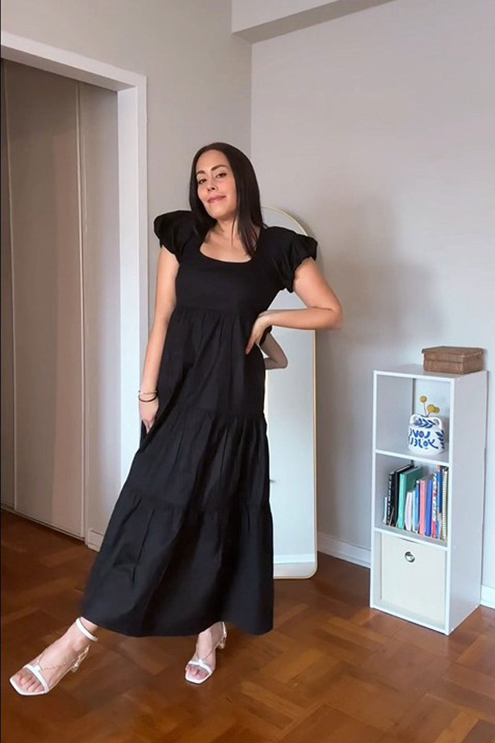 Puff Sleeve Tiered Maxi Dress in Black