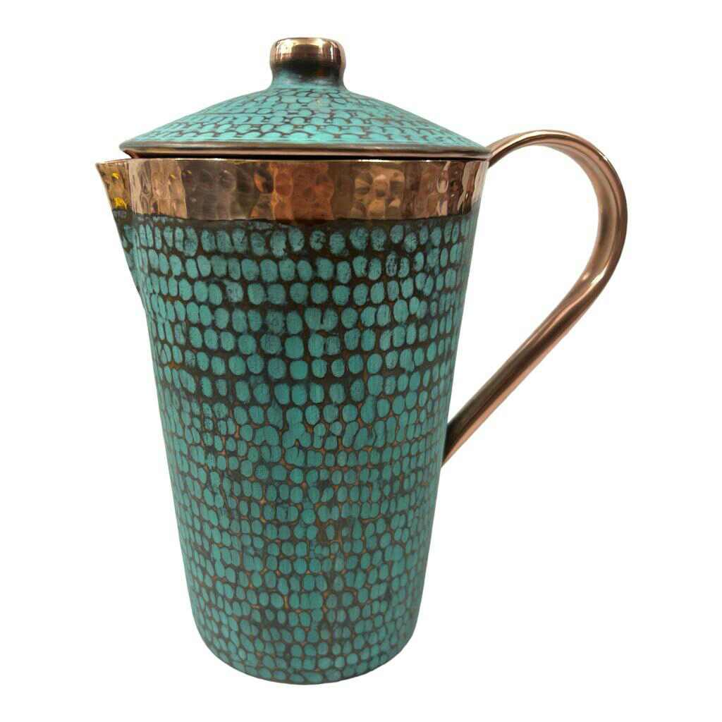 Set of One Copper Pitcher with Top and Two Tumblers, Hammered and Turquoise Patina