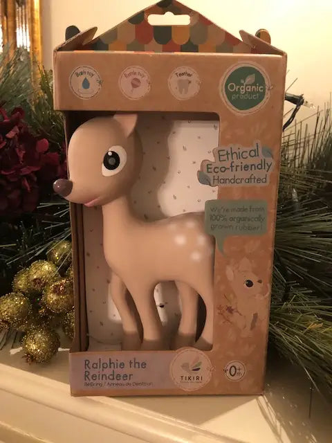 Organic Rubber Rattle, Teether & Bath Toy - Ralphie Reindeer