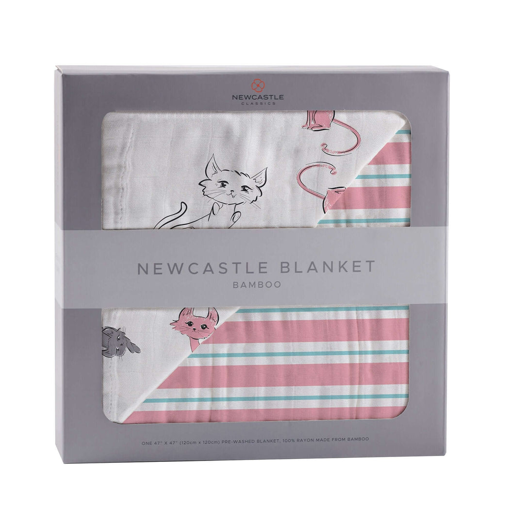 Playful Kitty and Candy Stripe Bamboo Muslin Blanket, organic, handmade, ethical, cozy kids' accessory for home or travel.