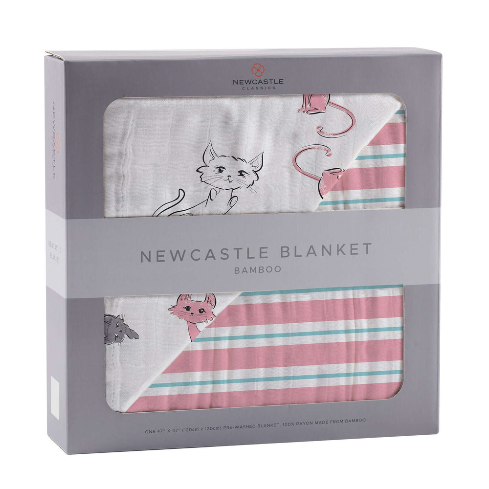 Playful Kitty and Candy Stripe Bamboo Muslin Blanket, handmade ethical, 100% organic bamboo, cozy for kids, 47"x47" size.