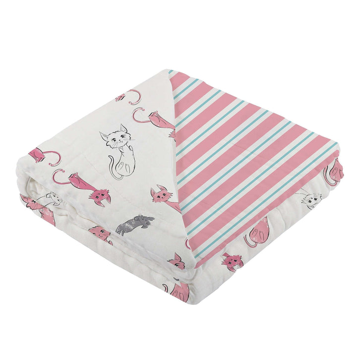 Playful Kitty and Candy Stripe Bamboo Muslin Blanket, soft organic cuddly fabric, handmade for kids, 100% natural bamboo.