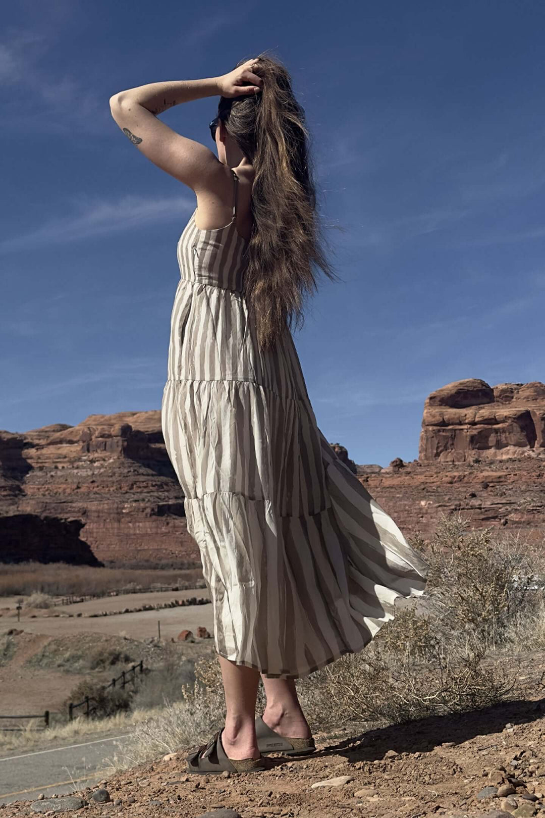 Strappy Tiered Maxi Dress in Beige Stripes