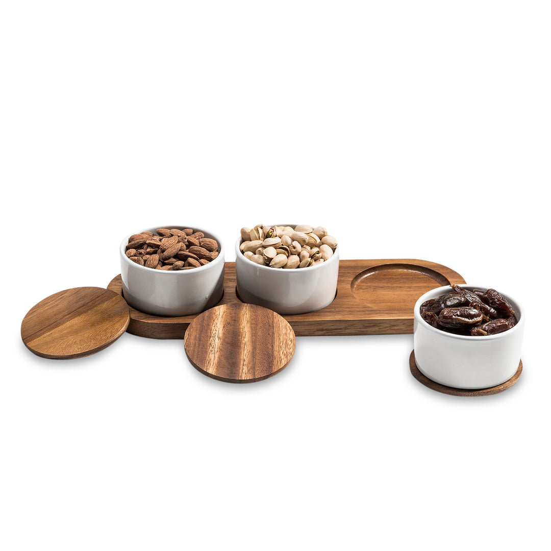 Condiment Serving Set  3 Ceramic Bowls with Lids  13" x 3.75"