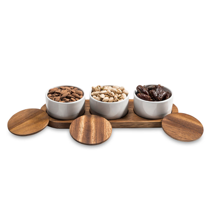 Condiment Serving Set  3 Ceramic Bowls with Lids  13" x 3.75"