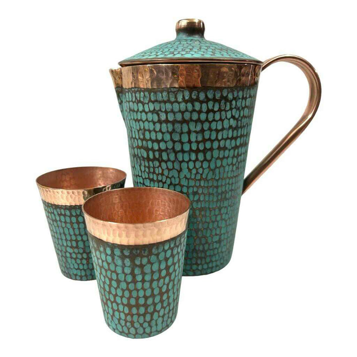 Set of One Copper Pitcher with Top and Two Tumblers, Hammered and Turquoise Patina