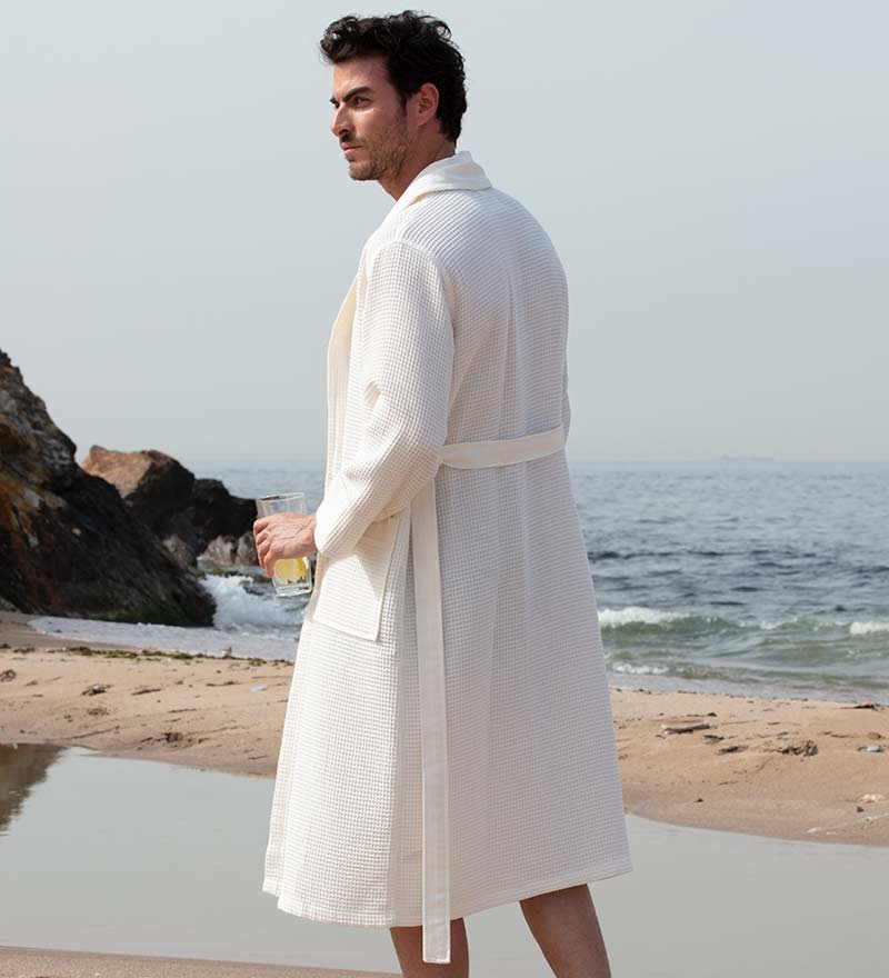 Men's Full Length Lightweight Waffle Spa Robe with Shawl Collar