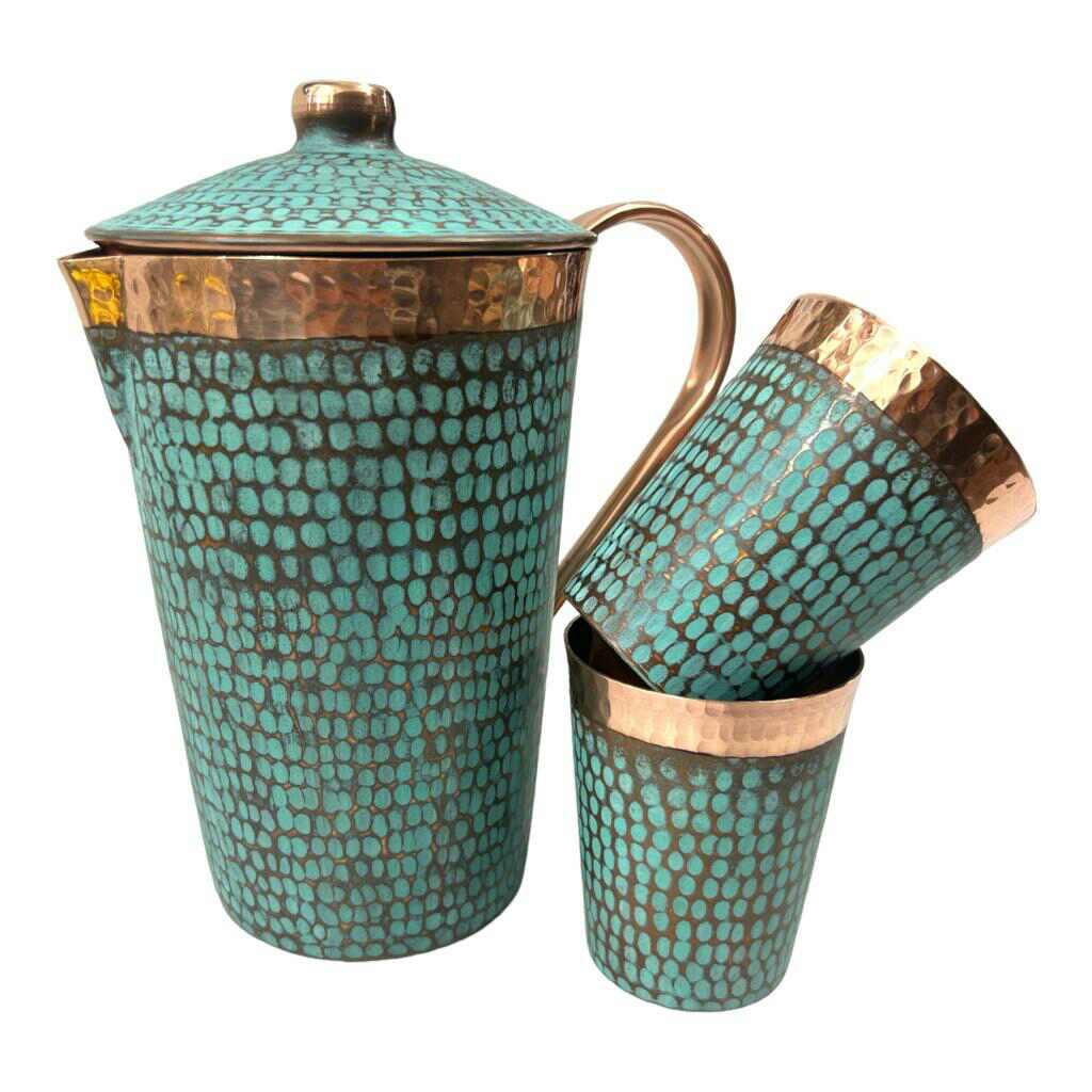 Set of One Copper Pitcher with Top and Two Tumblers, Hammered and Turquoise Patina